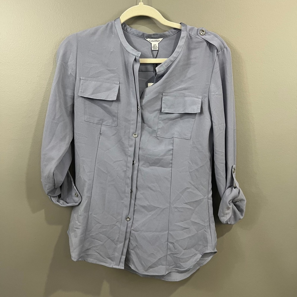 Calvin Klein Blouse Womens Small Blue NEW Roll Tab Sleeve Utility Button Down